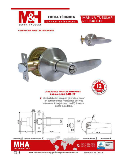 6411-ET Cerradura para puertas interiores de manija para alcoba