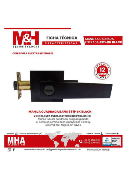 6511-BK-BLACK Cerradura puertas interiores para baño