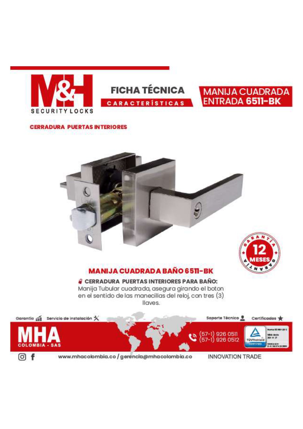 6511-BK Cerradura puertas interiores de manija cuadrada para baño