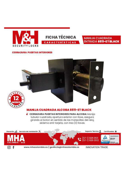 6511-ET-BLACK Cerradura puertas interiores de manija cuadrada para alcoba, color negro