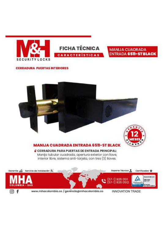 6511-ST-BLACK Cerradura de manija negra para puertas de entrada principal M&H