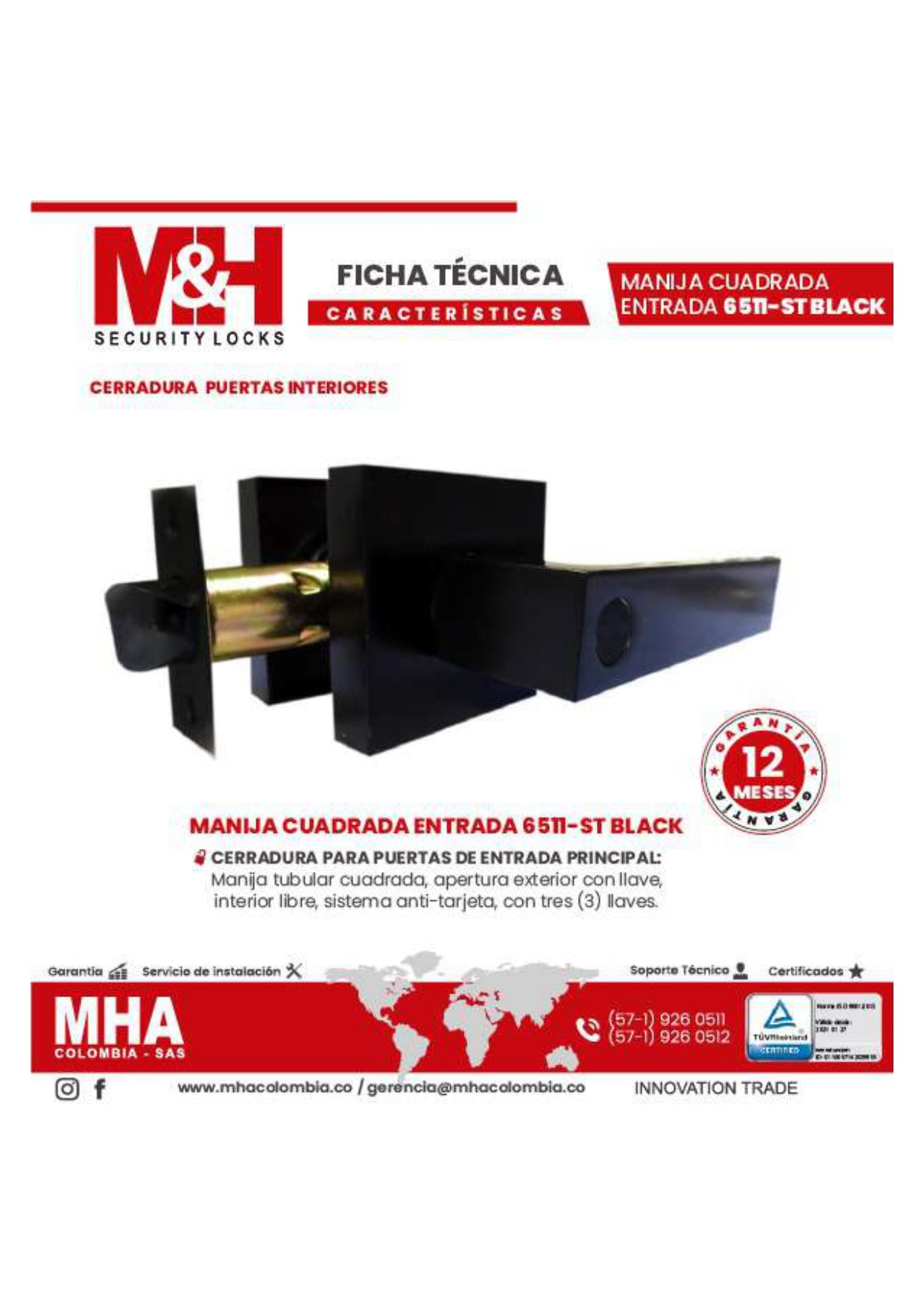 6511-ST-BLACK-PUNTO Cerradura de manija negra para puertas de entrada principal llave de punto CER-054 M&H