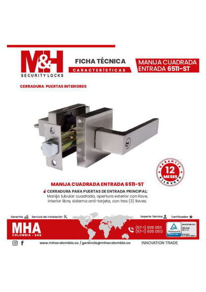 6511-ST Cerradura de manija para puertas de entrada principal