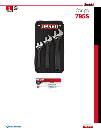 795S Juego de llaves ajustables fosfatadas 3 piezas 8", 10" y 12", uso pesado, Urrea