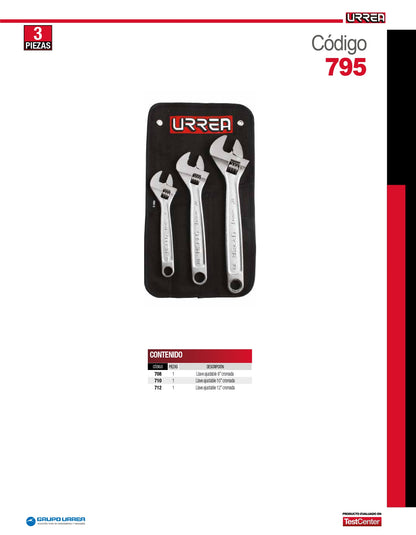 795 Juego de llaves ajustable cromada 3 piezas 8", 10" y 12", uso pesado, Urrea