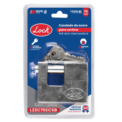 L22C70ECSB Candado de acero anti-cizalla 70 mm, cromo satinado, Lock