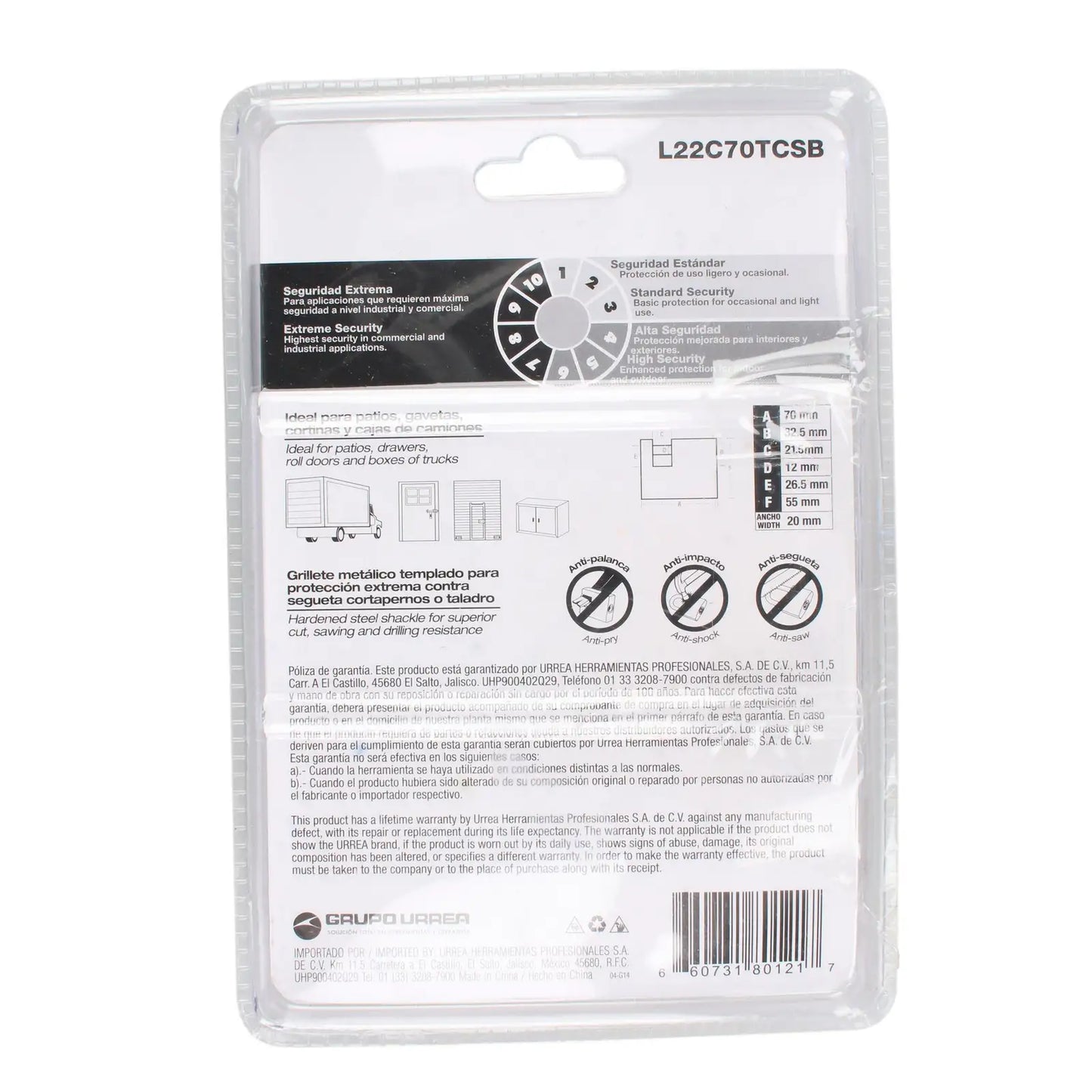 L22C70TCSB Candado acero anti-cizalla 70 mm con llave tetra, cromo satinado, Lock