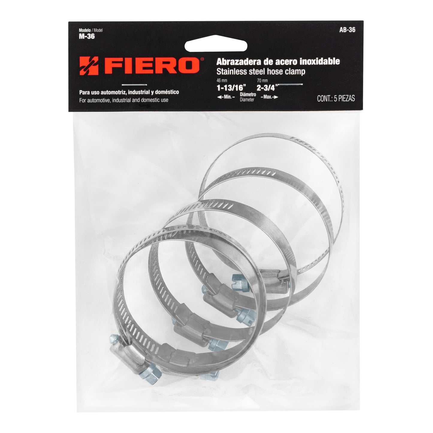 AB-36 Abrazadera reforzada, acero inox #36, 1-13/16"-2-3/4",5 pzas