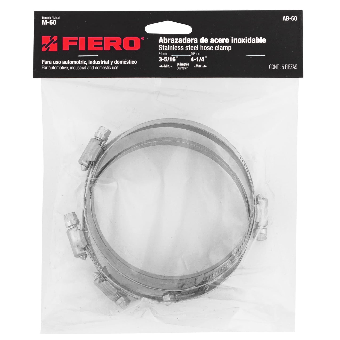 AB-60 Abrazadera reforzada, acero inox #60, 3-5/16"-4-1/4", 5 pzas