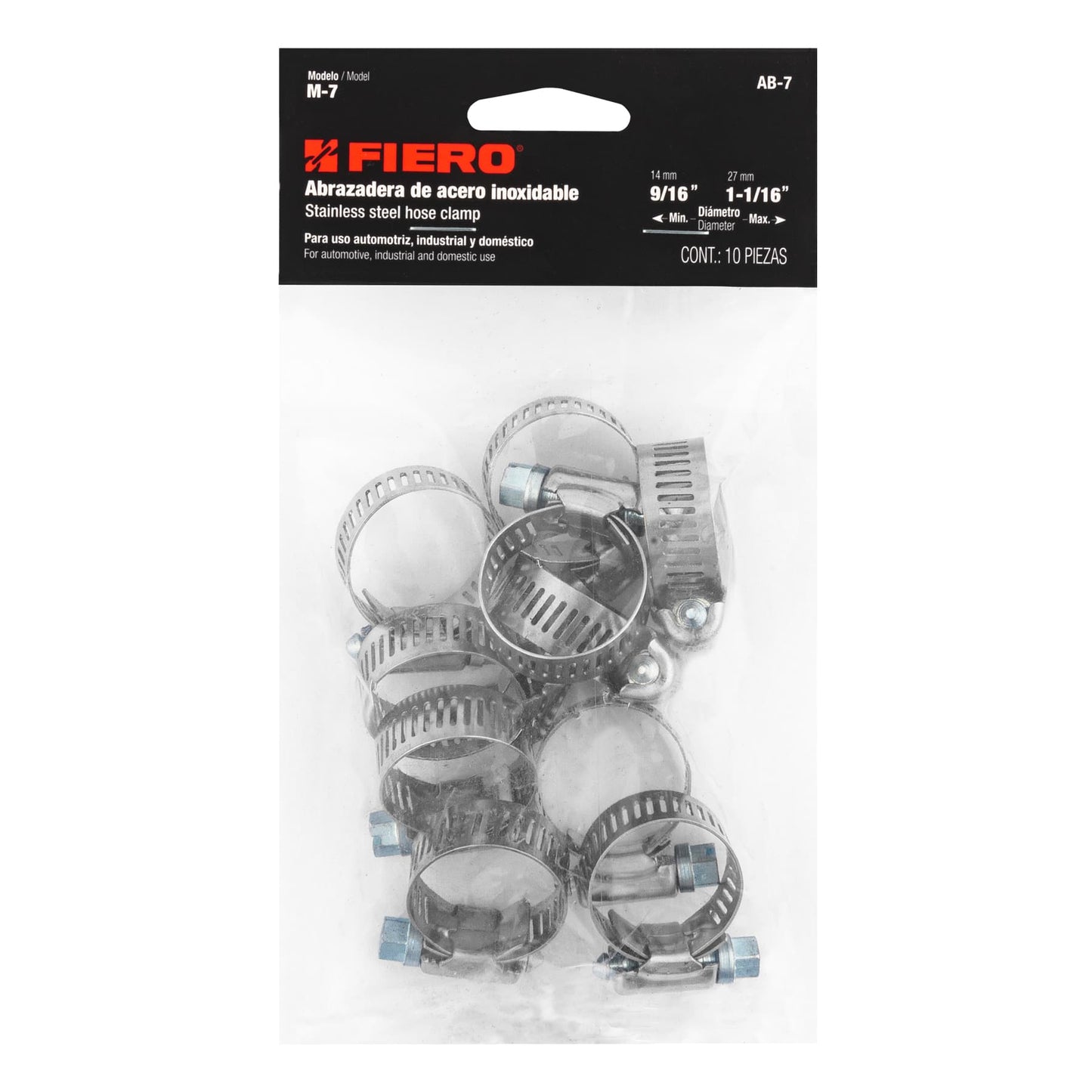 AB-7 Abrazadera reforzada, acero inox #7, 9/16"-1-1/16", 10 pzas