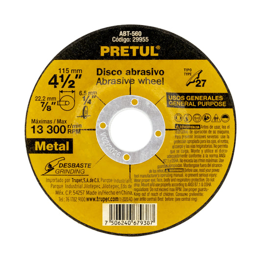 ABT-560 Disco para desbaste de metal,tipo 27,diámetro 4-1/2', Pretul