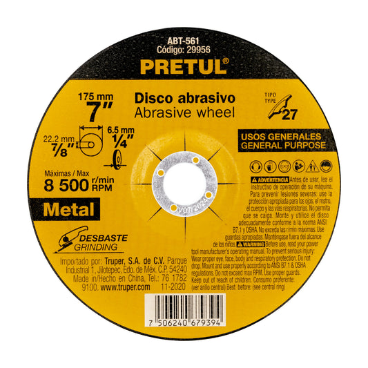 ABT-561 Disco para desbaste de metal, tipo 27, diámetro 7', Pretul