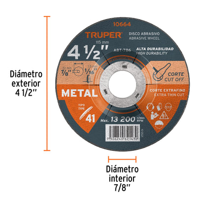 ABT-786 Disco para corte de metal, Tipo 41, 4-1/2", uso general