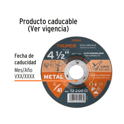 ABT-786 Disco para corte de metal, Tipo 41, 4-1/2", uso general