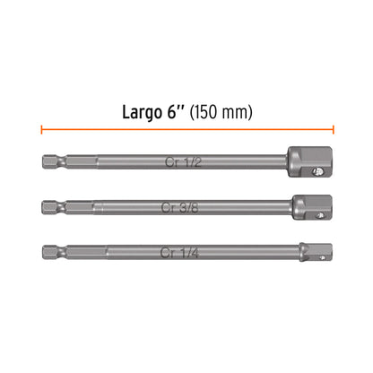 ADA-3L Juego de adaptadores largos para copas,1/4,3/8 y 1/2", 3pzas