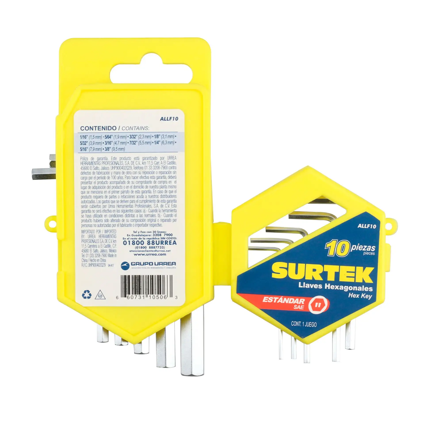 ALLF10 Juego de llaves hexagonales en L 10 piezas 1/16" a 3/8", uso profesional, Surtek