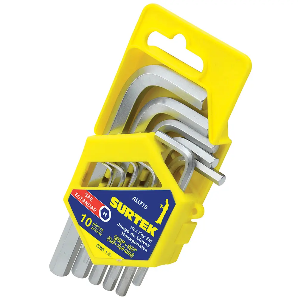 ALLF10 Juego de llaves hexagonales en L 10 piezas 1/16" a 3/8", uso profesional, Surtek
