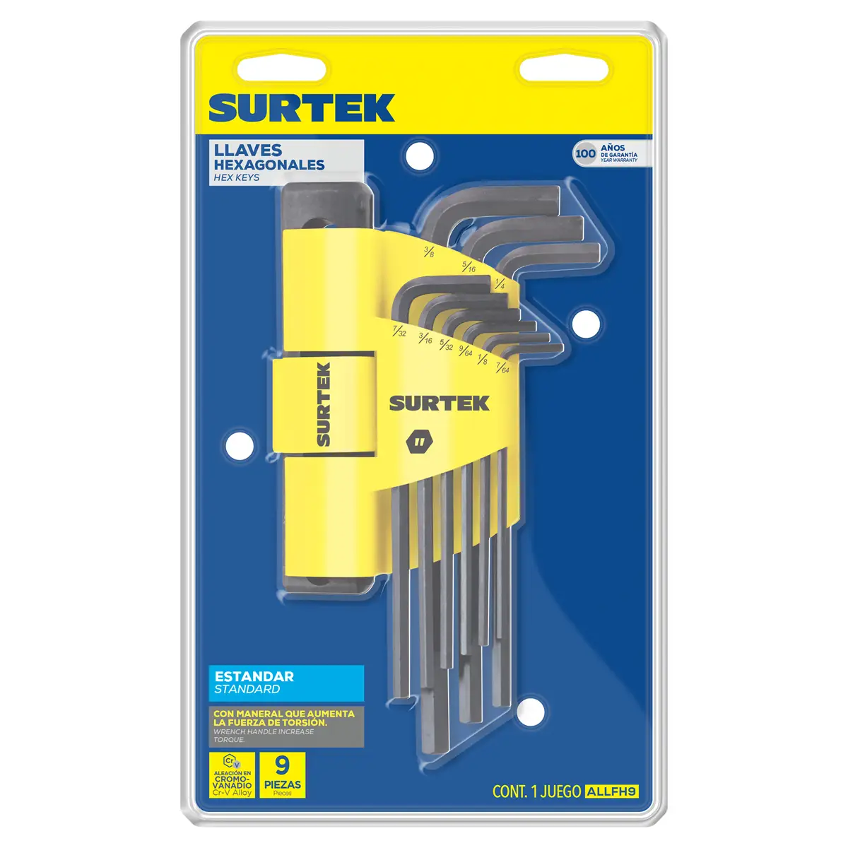 ALLFH9 Juego de llaves hexagonales largas tipo L 9 piezas 7/64" a 3/8", uso profesional Surtek