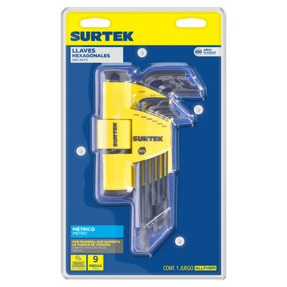 ALLFH9M Juego de llaves hexagonales largas tipo L 9 piezas 2 a 10 mm con mango, uso profesional, Surtek