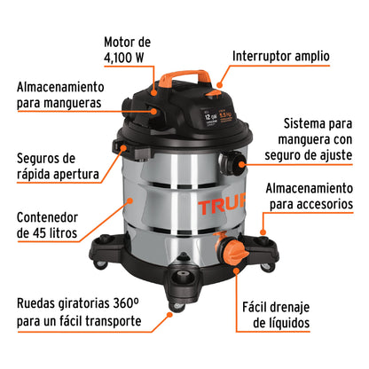 ASP-12X Aspiradora en acero inoxidable para sólidos y líquidos, 12 Galones Truper