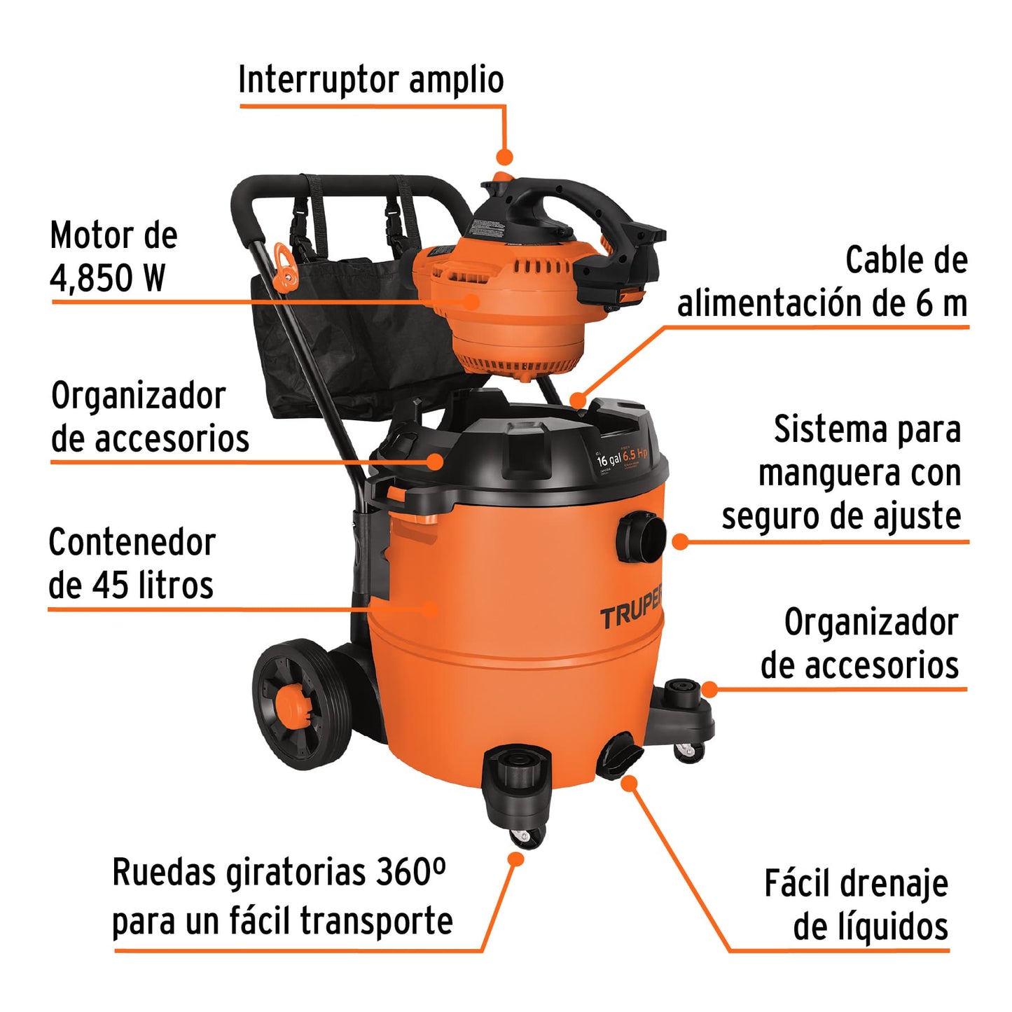 ASP-16S Aspiradora/Sopladora de solidos y líquidos de 16 galones Truper