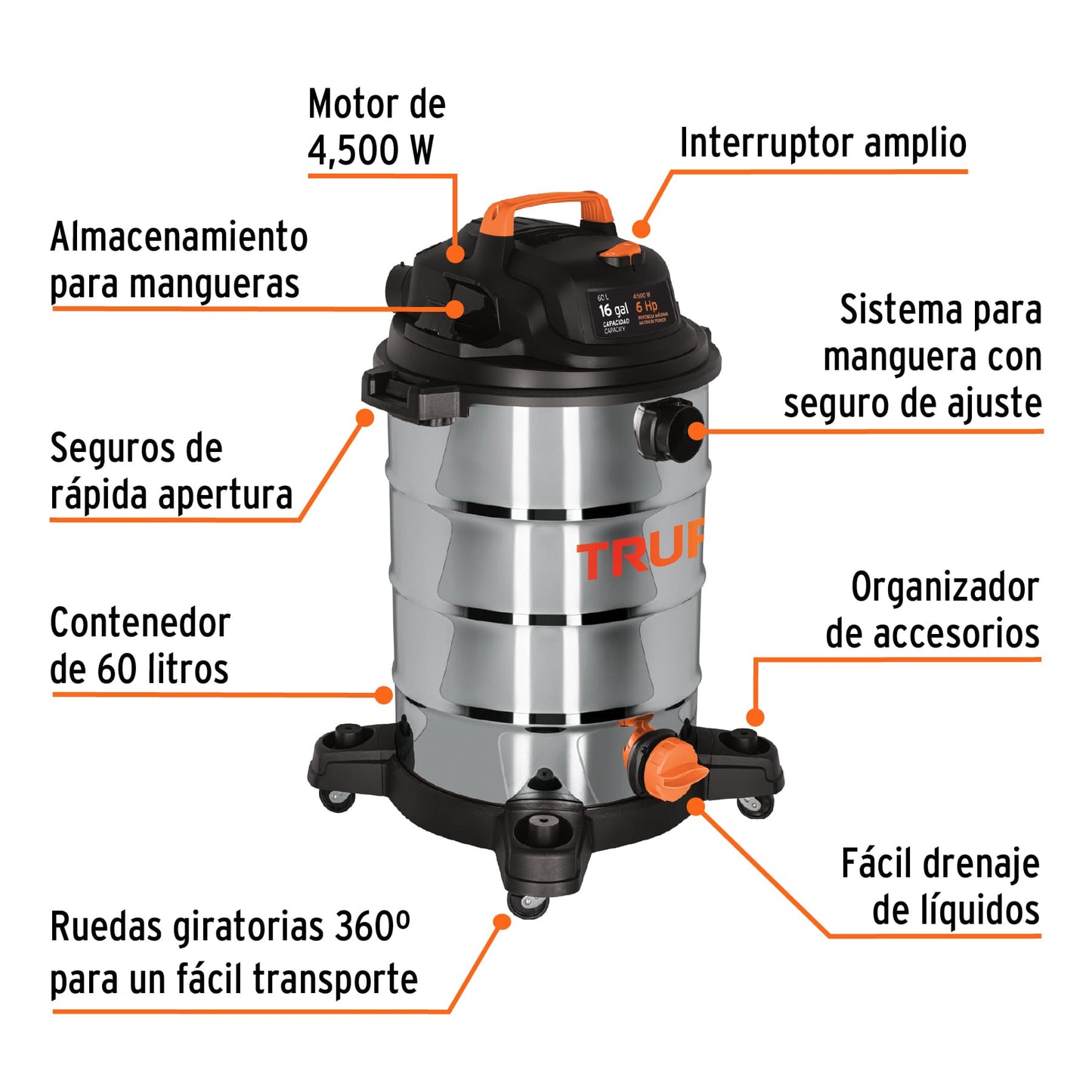 ASP-16X Aspiradora en acero inoxidable para sólidos y líquidos, 16 Galones Truper