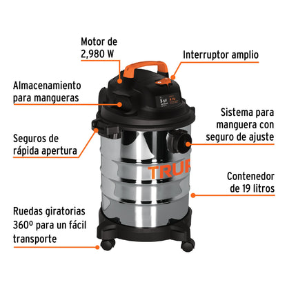 ASP-5X Aspiradora en acero inoxidable para líquidos y sólidos, 5 Galones Truper