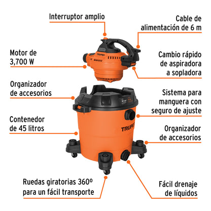 ASPI-12S Aspiradora/Sopladora de sólidos y líquidos de 12 galones Truper