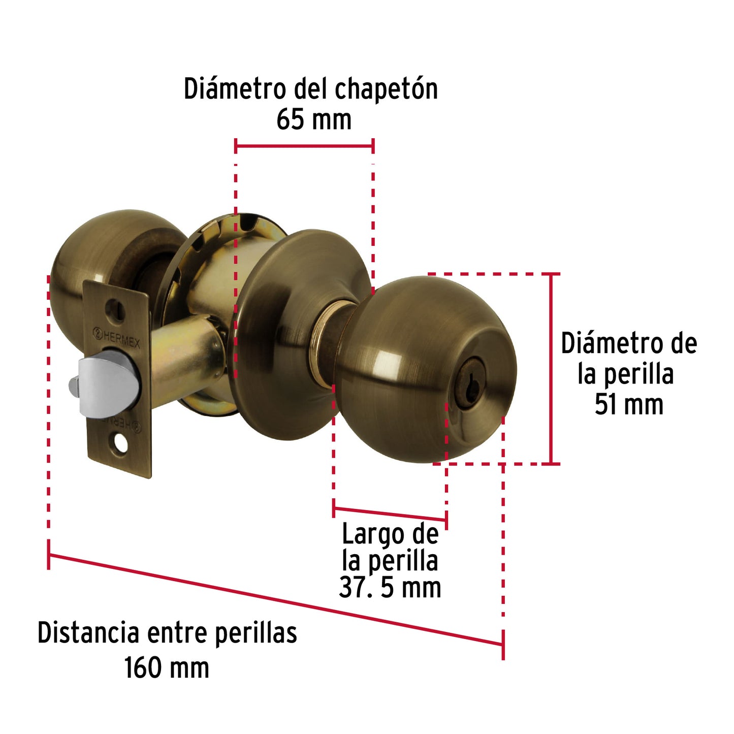 BAL-LA-RP Pomo tipo esfera, latón antiguo, recámara, Hermex