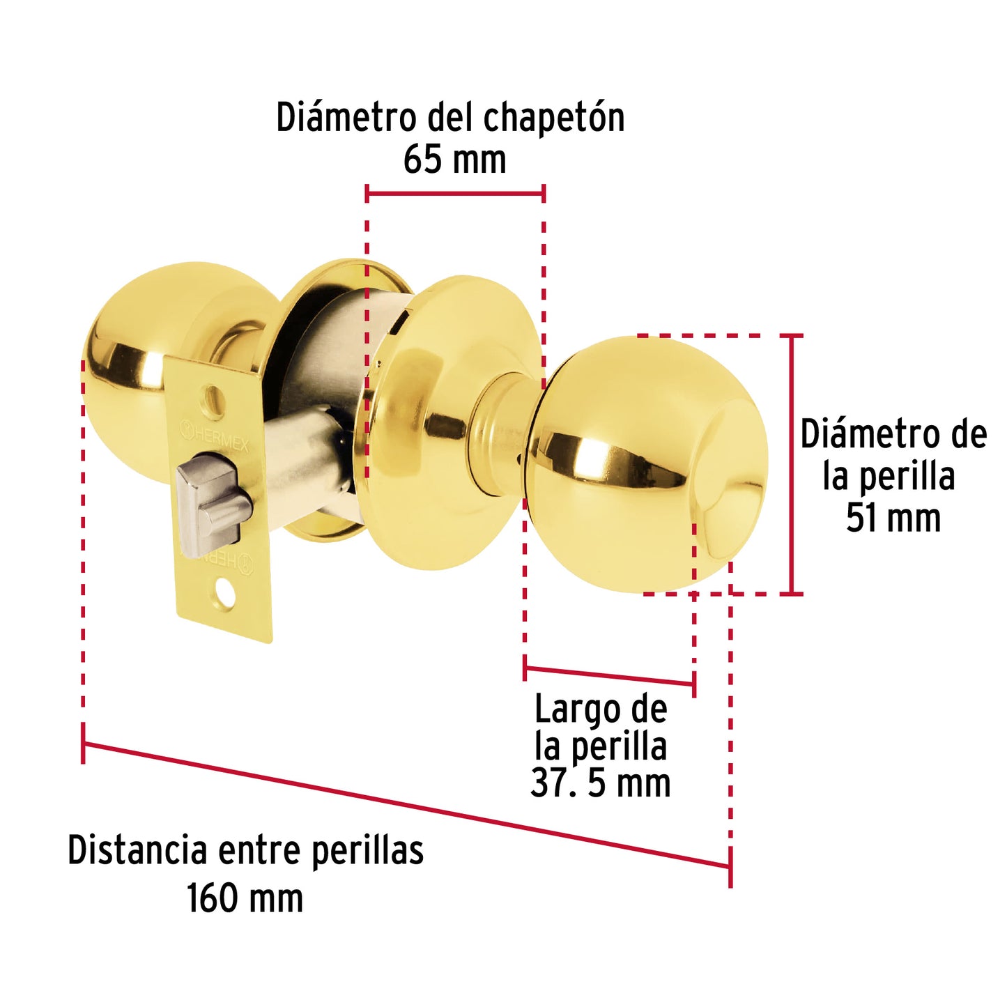 BAL-LB-EP Pomo tipo esfera, latón brillante, entrada, Hermex