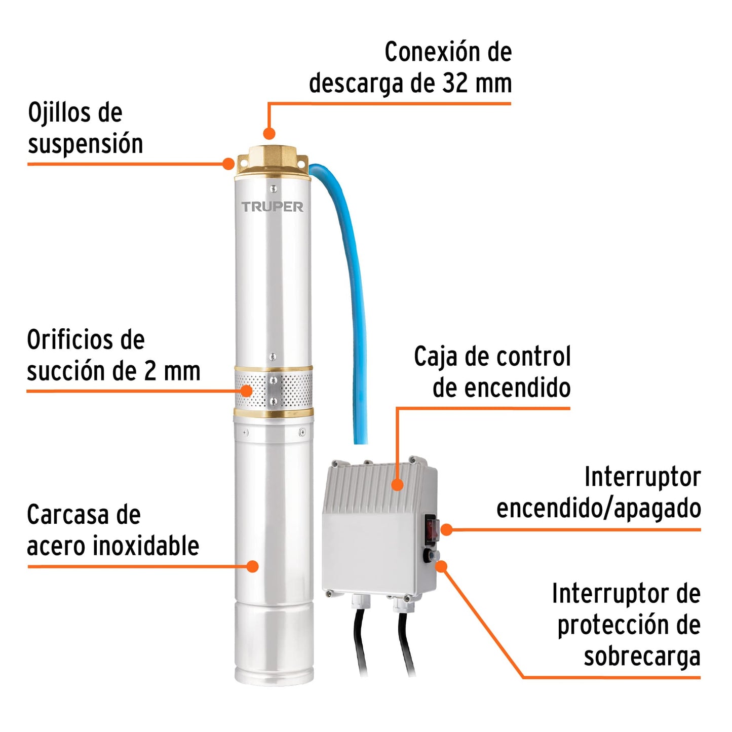 BOS-1/2LM2 Bomba sumergible para pozo profundo, 1/2 HP, agua limpia