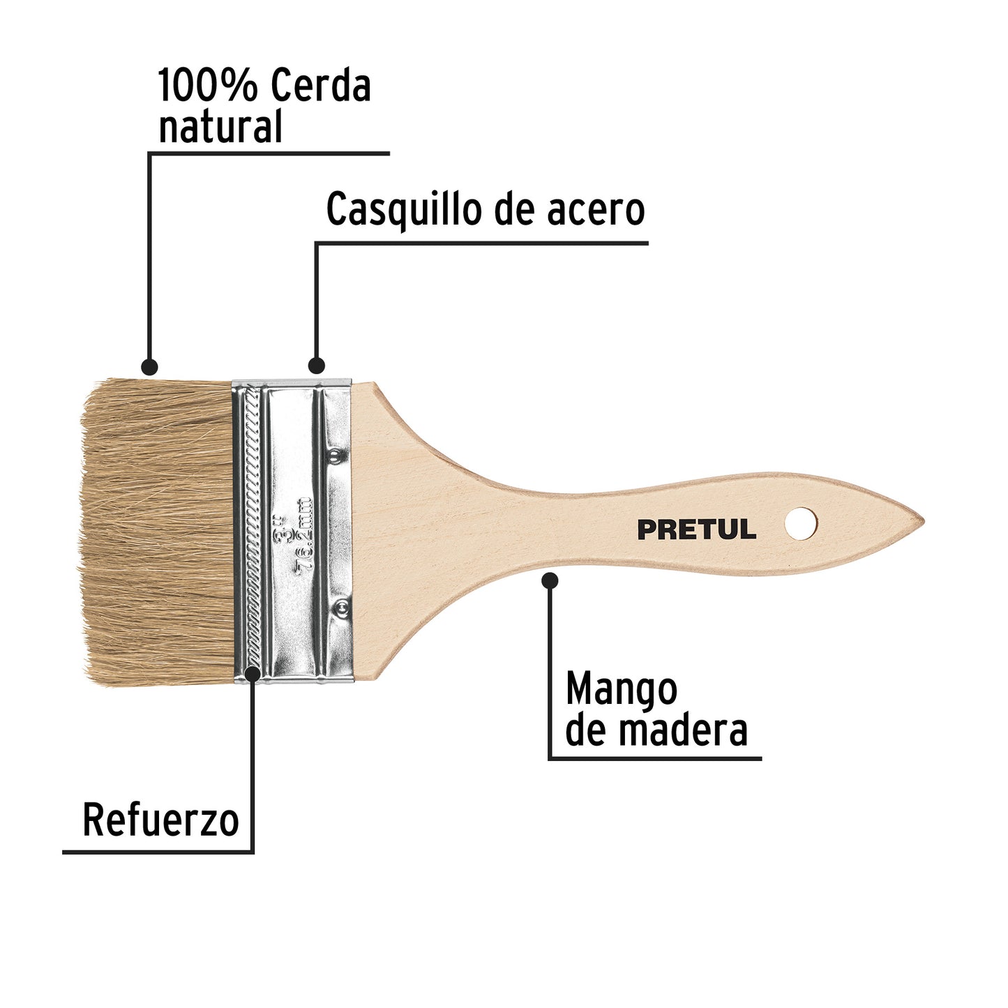 BRE-3 Brocha económica, mango de madera, 3", Pretul