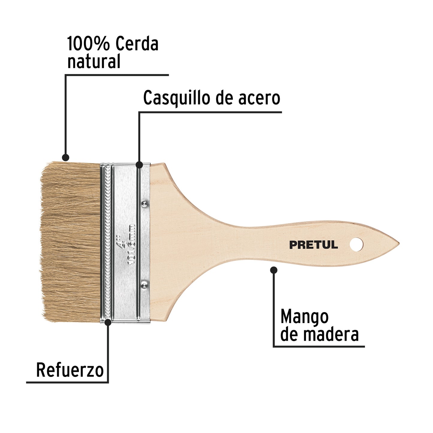 BRE-4 Brocha económica, mango de madera, 4", Pretul