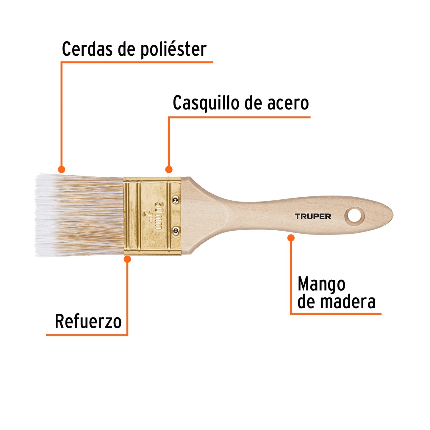 BRT-2S Brocha cerdas sintéticas, mango de madera, corte recto, 2"