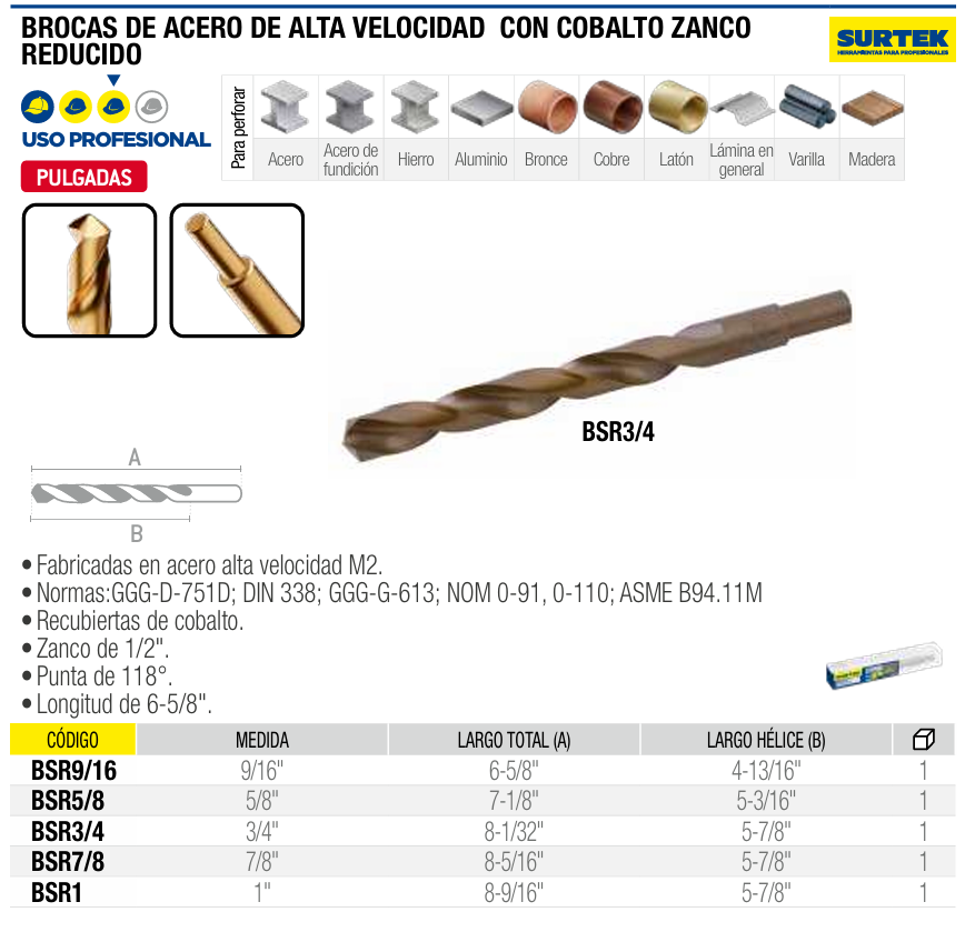 BSR1 Broca HSS M2 cobaltada punta 118°, zanco reducido a 1/2" de 1"