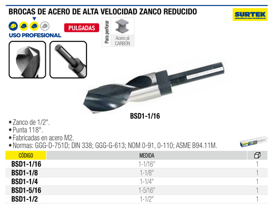 BSD1-1/16 Broca HSS M2 zanco reducido a 1/2" de 1-1/16"