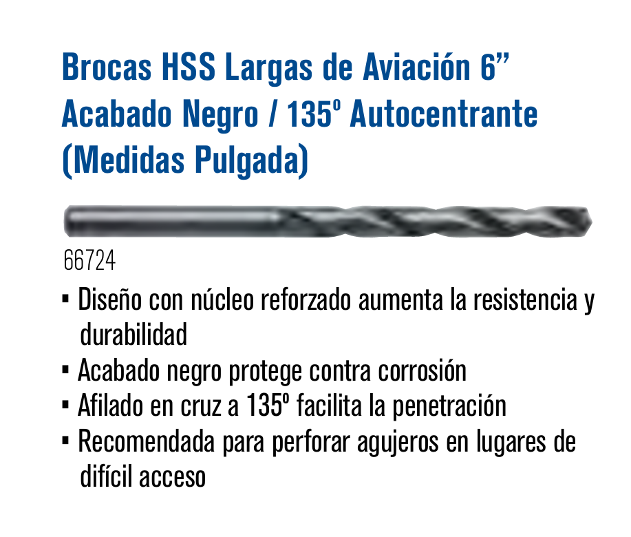 66708 Broca HSS larga de aviación 1/8" X 6" en óxido negro con punta 135° autocentrante, Irwin