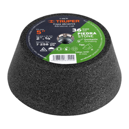 C-356-PI Copa desbaste para piedra, 5", entrada 5/8-11, grano 36