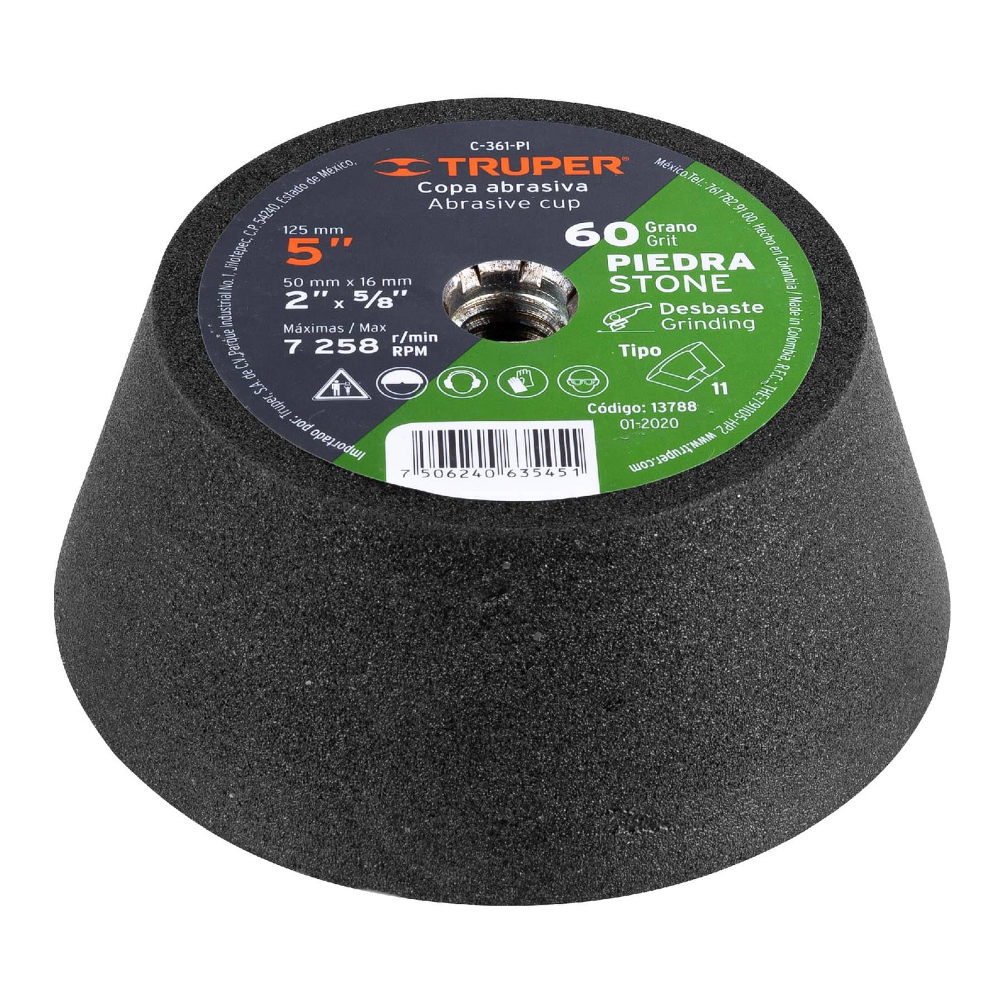 C-361-PI Copa desbaste para piedra, 5", entrada 5/8-11, grano 60