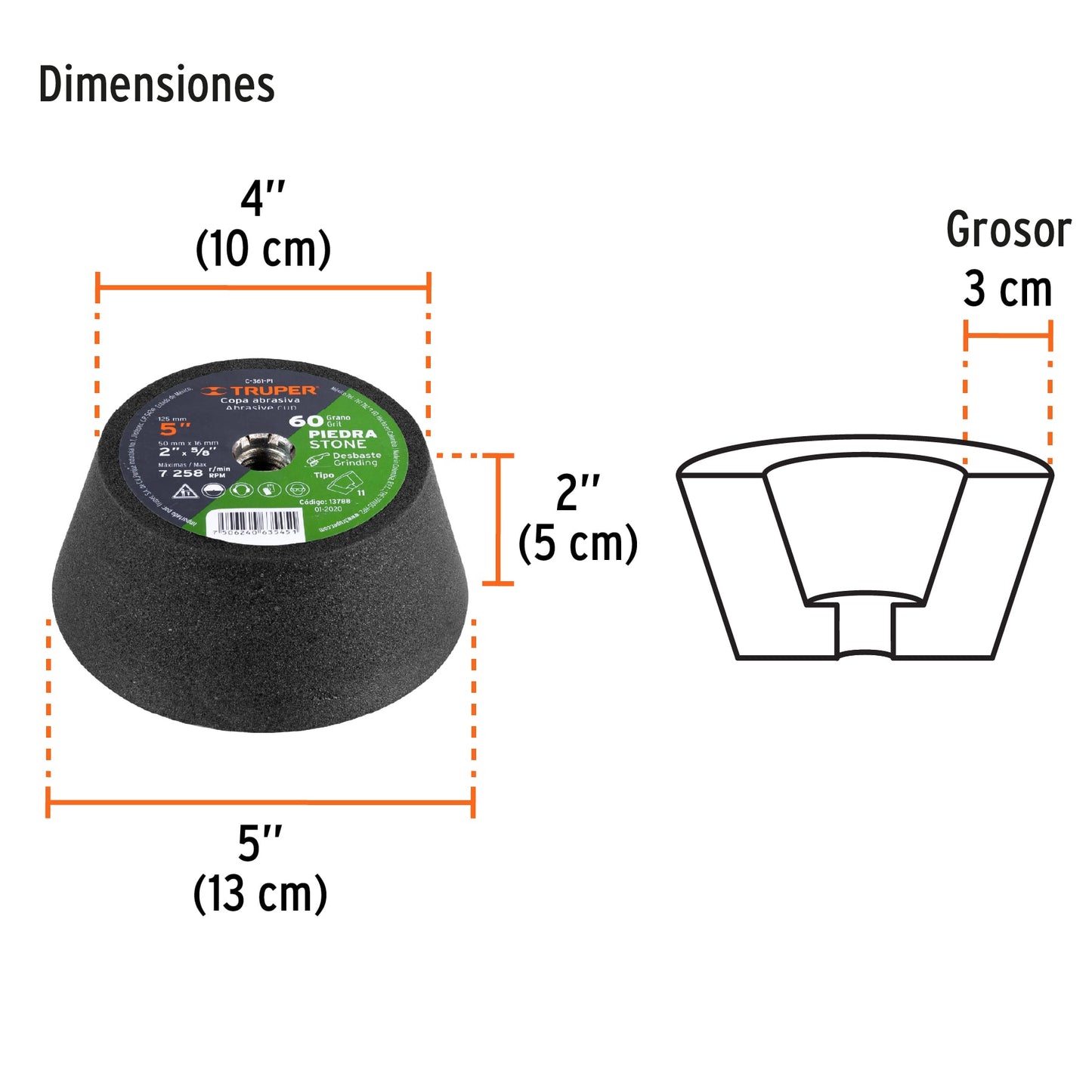 C-361-PI Copa desbaste para piedra, 5", entrada 5/8-11, grano 60