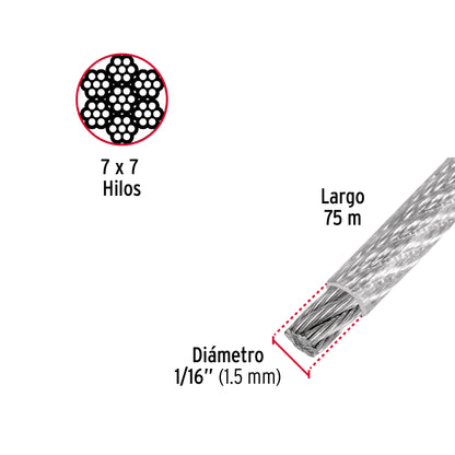 CAB-1/16RX Guaya de acero 1/16", recubierto PVC