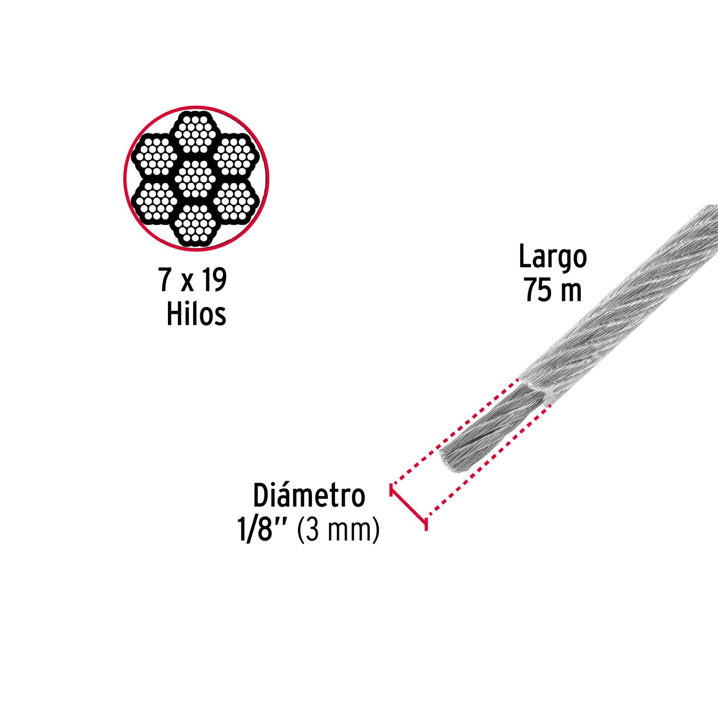 CAB-1/8FX Guaya flexible de acero 1/8", recubierto PVC