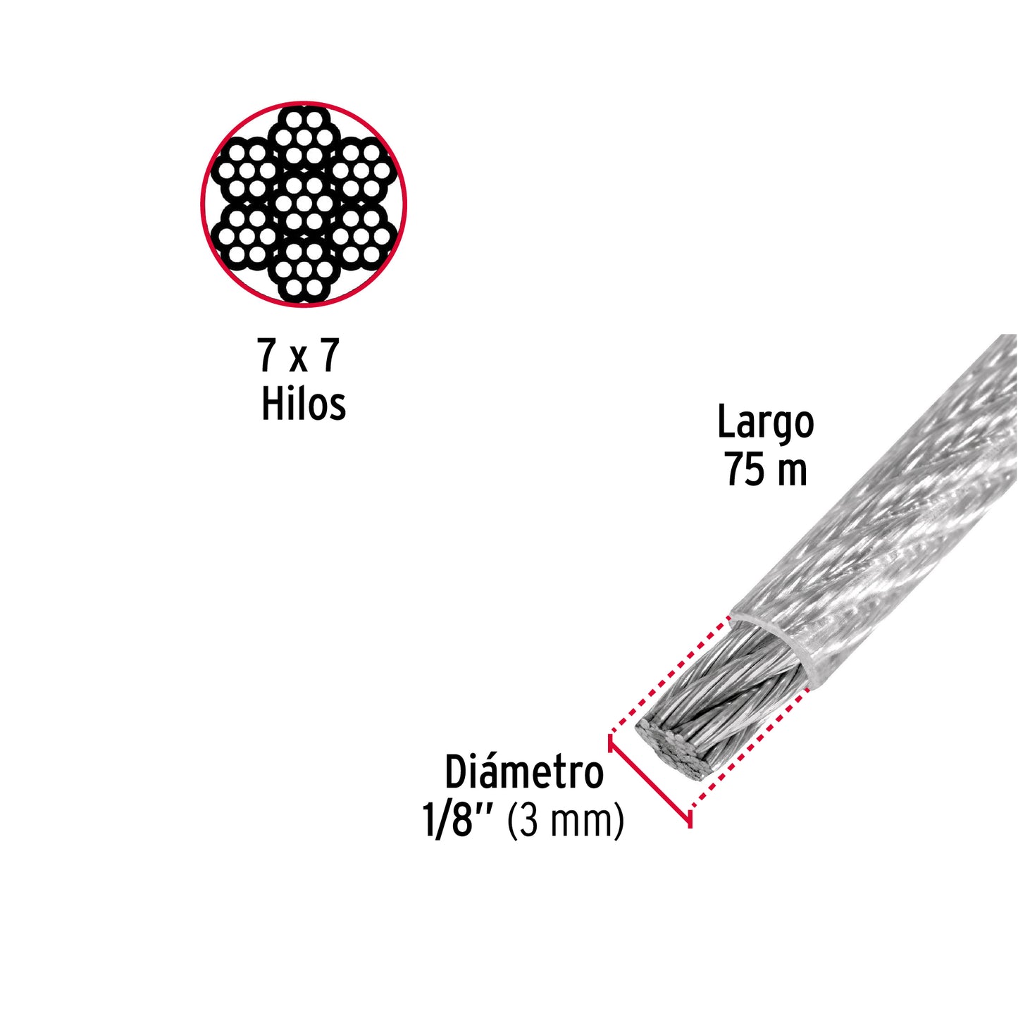 CAB-1/8RX Guaya de acero 1/8", recubierto PVC