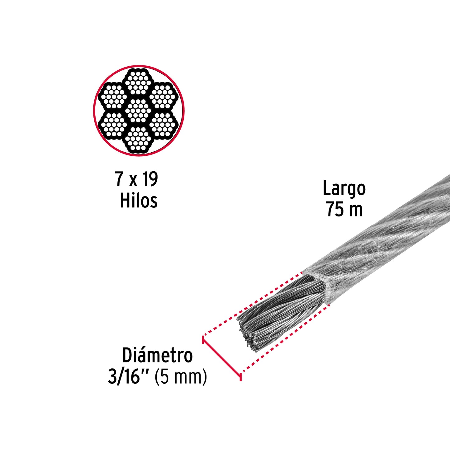 CAB-3/16FX Guaya flexible de acero 3/16", recubierto PVC