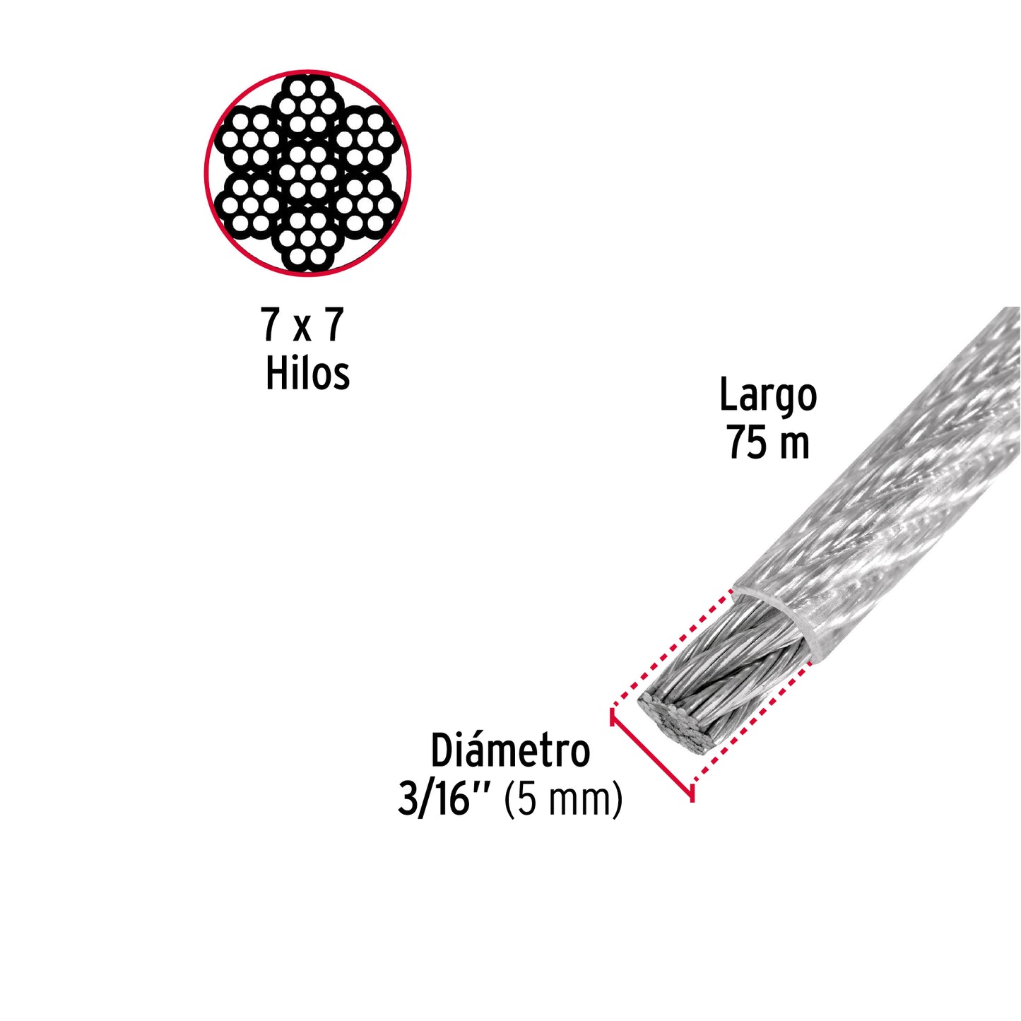 CAB-3/16RX Guaya de acero 3/16", recubierto PVC