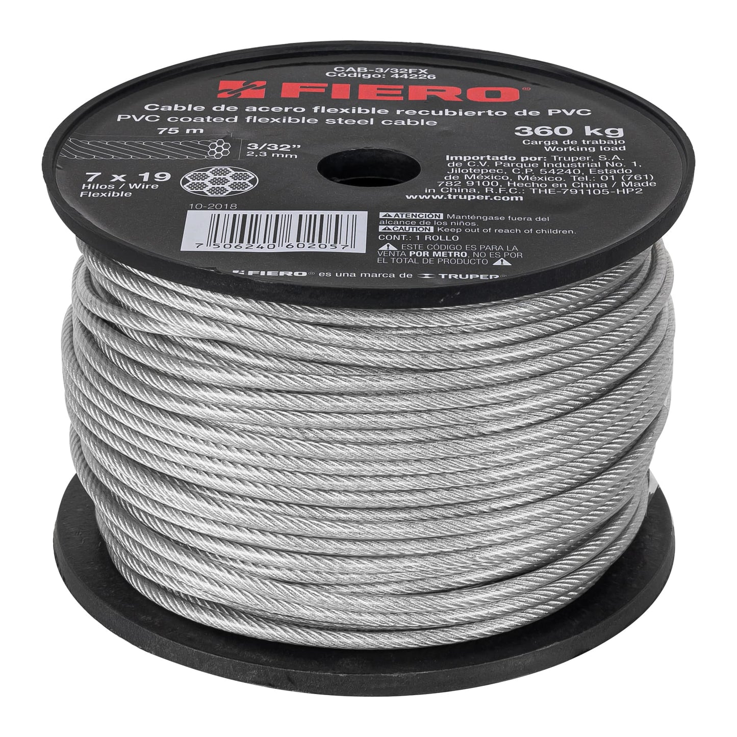 CAB-3/32FX Guaya flexible de acero 3/32", recubierto PVC