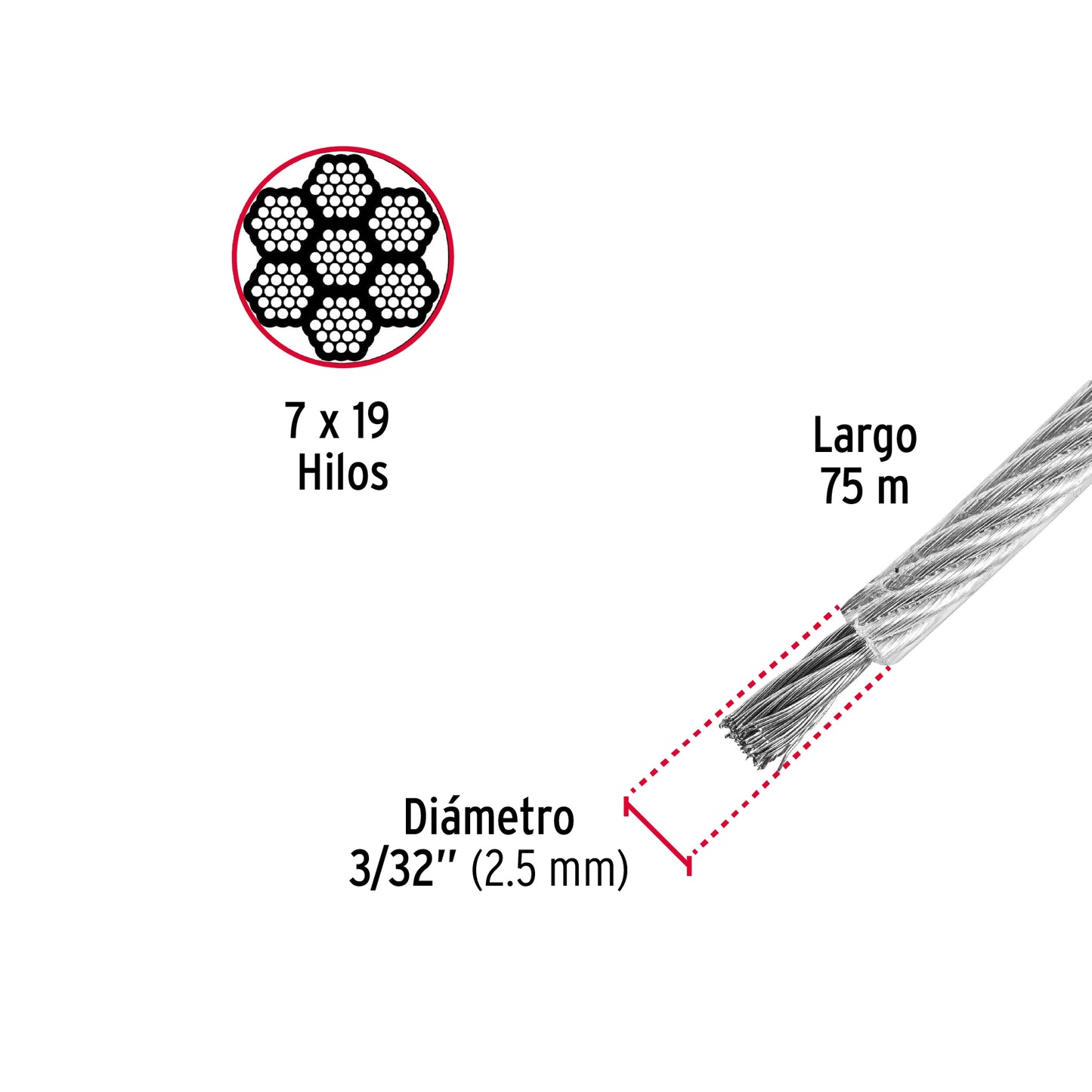 CAB-3/32FX Guaya flexible de acero 3/32", recubierto PVC