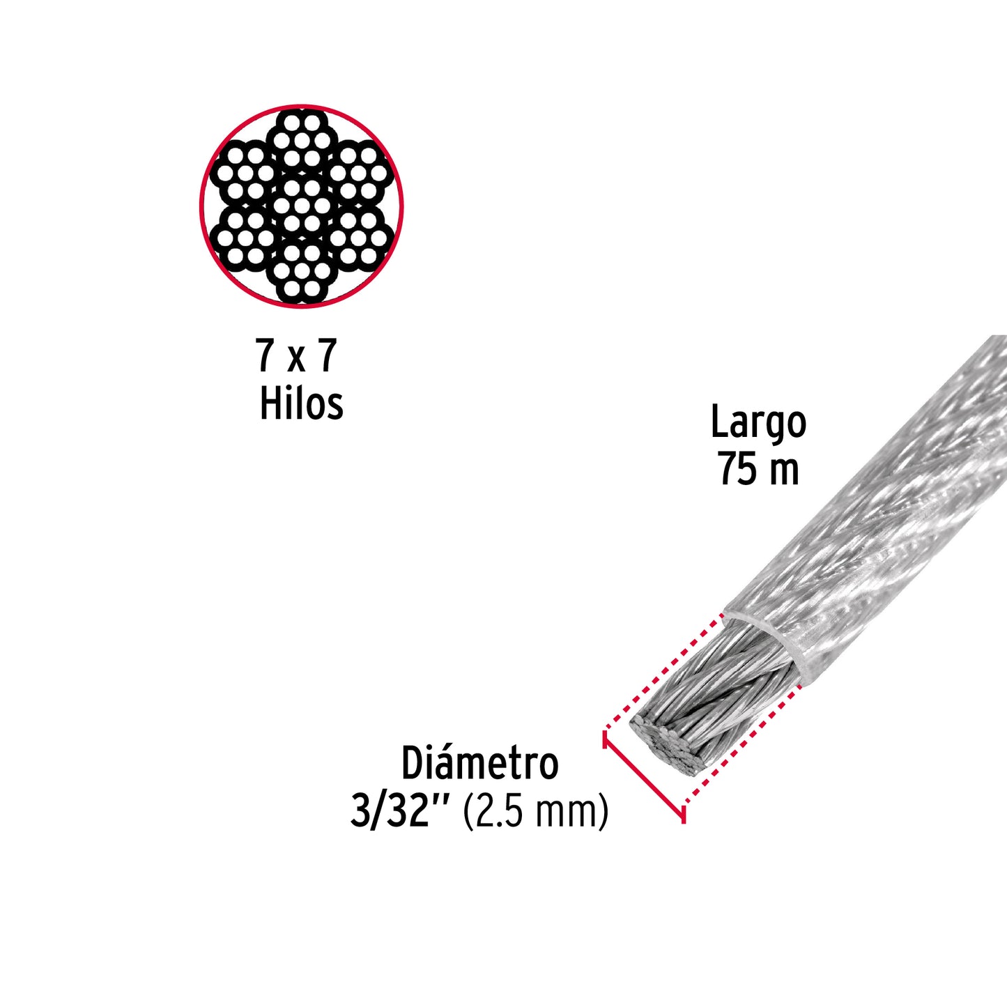 CAB-3/32RX Guaya de acero 3/32", recubierto PVC