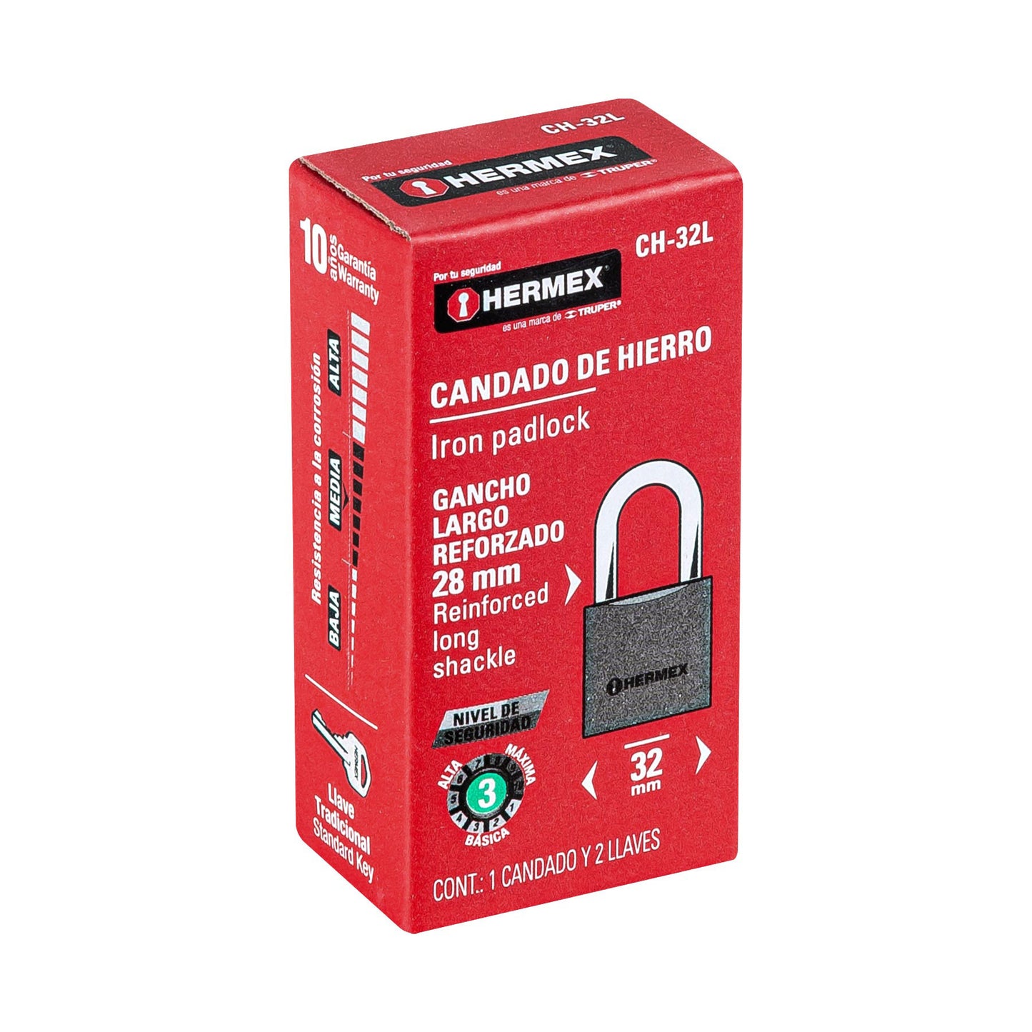 CH-32L Candado de hierro, 32 mm, gancho largo, caja