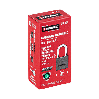 CH-32L Candado de hierro, 32 mm, gancho largo, caja
